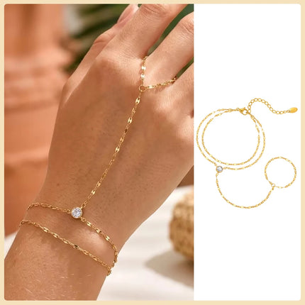Stainless Steel Hand Chain Ring Bracelet for Women, Adjustable Gold Plated Double Layer Finger Bracelets Summer Party Jewelry