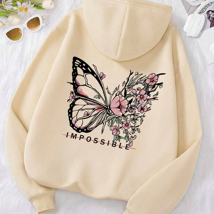 Women's Pink Butterfly Impossible Letters Pattern Printed Sweatshirt Fashion Warm Hoodie Loose Casual Hoodie Soft Clothing Y2K