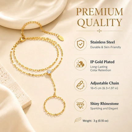 Stainless Steel Hand Chain Ring Bracelet for Women, Adjustable Gold Plated Double Layer Finger Bracelets Summer Party Jewelry