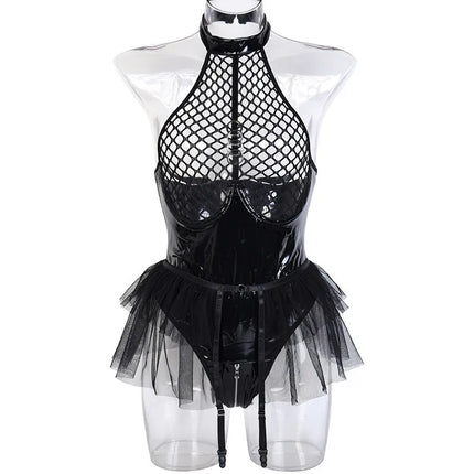 Tornova Sexy Female Lingerie Patent Leather Patchwork Mesh Hollow Out See-through Interesting Garters Women's Underwear Jumpsuit