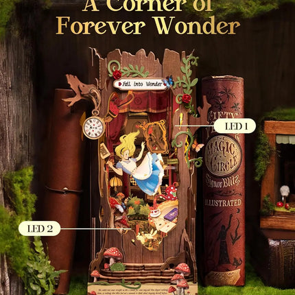 Robotime Rolife Book Nook Kits Fall into Wonder DIY Booknook with Lights Miniature House Kit 3D Wooden Puzzle Bookshelf Gift TGB