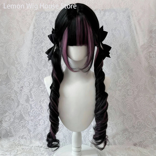 Black Wig with Pink Cosplay Wigs with Bangs  Lolita Long Curly Hair Wig Woman Party Cosplay Wig Natural Heat Resistant