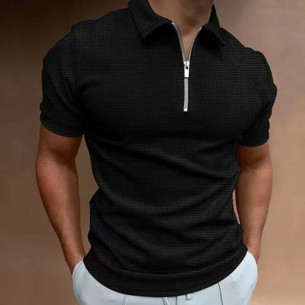 Spring/Summer Waffle Zipper Polo Shirt Checkered Color Blocked Men's T-shirt Top