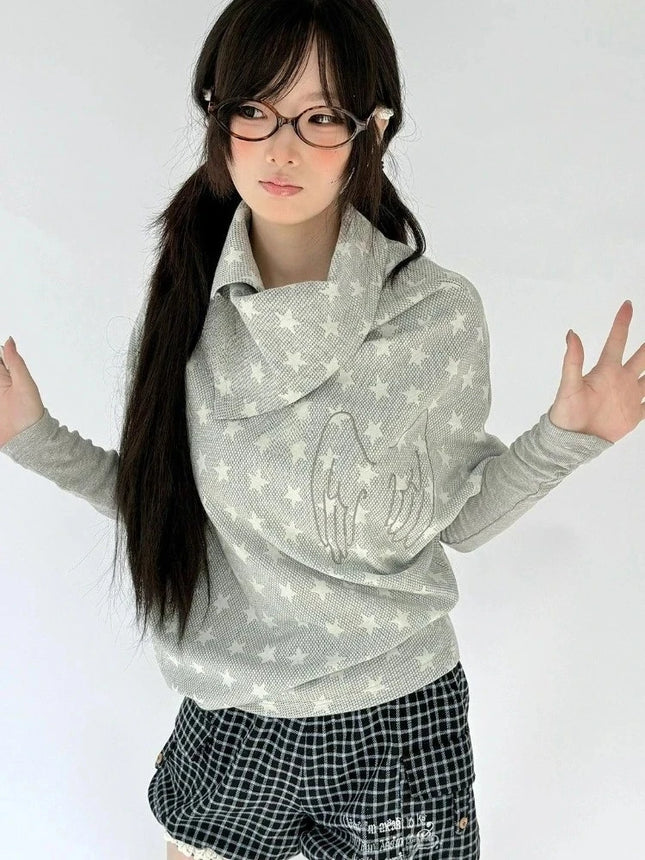 Harajuku Grunge Star Print Hoodie Women Casual Loose Angel Embroidery Hoody Y2k Aesthetic Batwing Sleeve Streetwear Sweatshirt