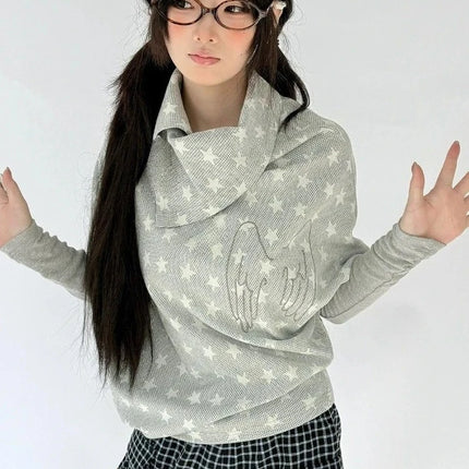 Harajuku Grunge Star Print Hoodie Women Casual Loose Angel Embroidery Hoody Y2k Aesthetic Batwing Sleeve Streetwear Sweatshirt