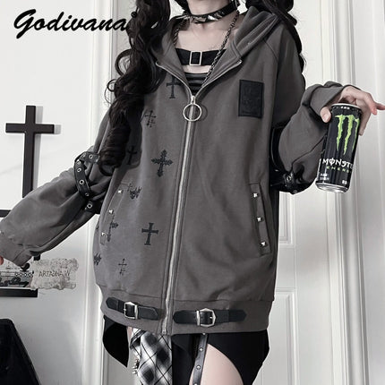 Original Gothic Cross Printed Loose Hoodie Jacket New Spring Women's Subculture Cool Rivet Drapey Zipper Coat Outwear