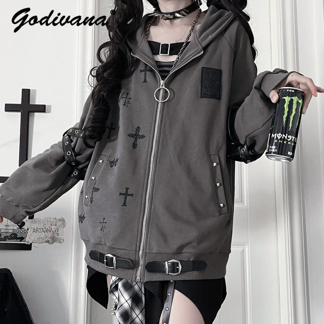 Original Gothic Cross Printed Loose Hoodie Jacket New Spring Women's Subculture Cool Rivet Drapey Zipper Coat Outwear