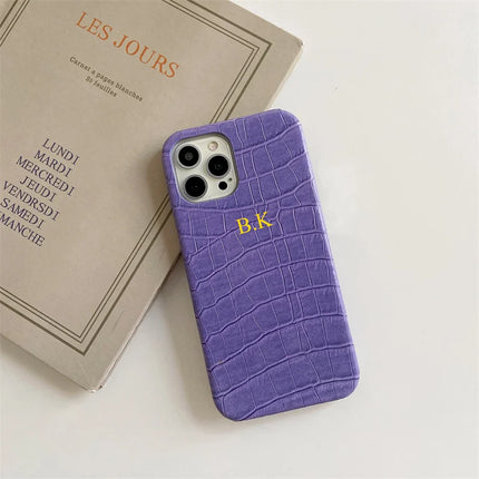 Personalise Customize Name Gold Letter Leather Case For iPhone 13 12 11 14 15 16 17 Pro XS Max XR 8 Plus Luxury Crocodile Cover