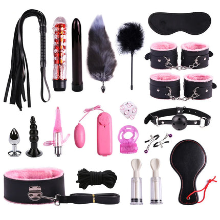 23PCS BDSM Bondage Set Handcuffs Ball Gag Whip Anal Plug Vibrator Egg Sex Toy for Women Men Couples Fetish Slave Role Play Kit