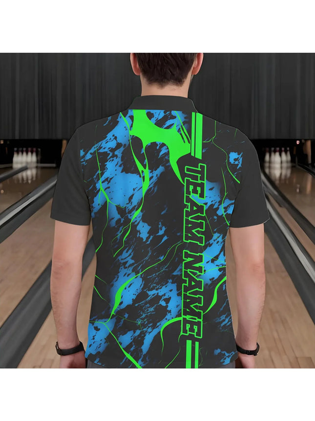 CustomizedBowling Shirt-Customizable Text Color and Format-Bowling Shirt withGreen Crack and Blue Contrast Design PrintedPattern