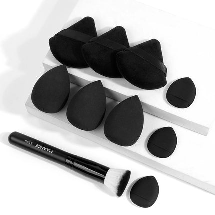 MAANGE 1PCS Foundation Makeup Brush with 9PCS Makeup Puff Contour Blush Makeup Brush Triangle Powder Puff Soft Finger Sponge