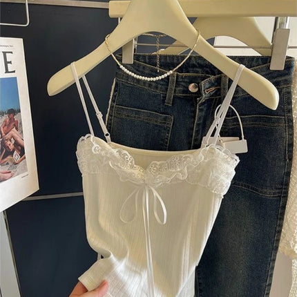 Sweet Lace Patchwork Crop Tank Top Female 2025 Women's Clothing Sling Slim Waist Tank Korean Summer Sexy Club Camis Ropa Mujer
