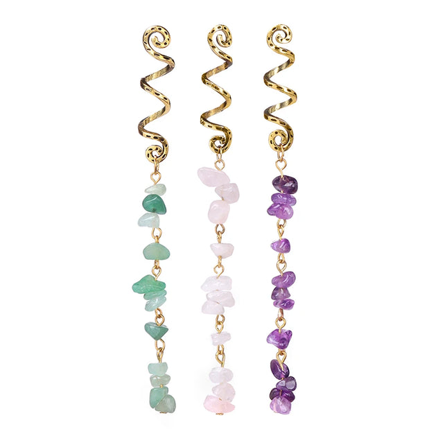 Natural Chip Stone Pendant Hair Accessories For Women Girl Wire Wrapped Hair Twists Spiral Hair Cuff Clips Headwear Dreadlock