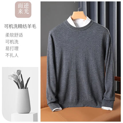 100% Wool Round Neck Solid Color Knitted Sweater Men's Pullover Long Sleeved Loose Sweater Business Casual Simple Cashmeres 2026