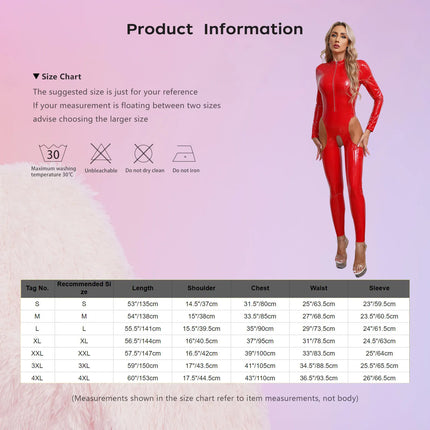 Womens Lingerie Patent Leather Latex Jumpsuit Zipper Crotchless Open Chest Catsuit Costume Wet Look Bare Breast Exposed Bodysuit