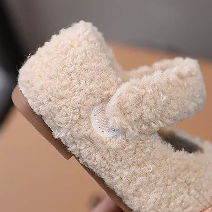 Children Fur Shoes 2024 Winter Kids Warm Plush Shoes For Girl Flat Loafers Moccasins Girls Casual Shoes Khaki, Beige
