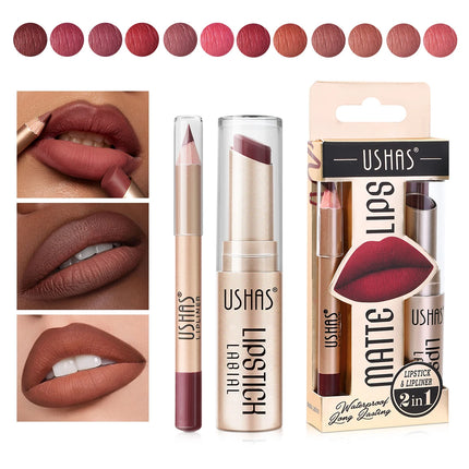 USHAS 12 Color Matte Lipstick Set Long-lasting Waterproof Lipstick + Lip Liner Set Easy Coloring Non-Stick Cup Lip Makeup Suit