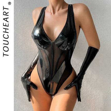 Toucheart Sexy V-neck Sexy Jumpsuit With PU Reflective Patent Leather Splicing Mesh See-through Solid Color Suspender Bodysuit