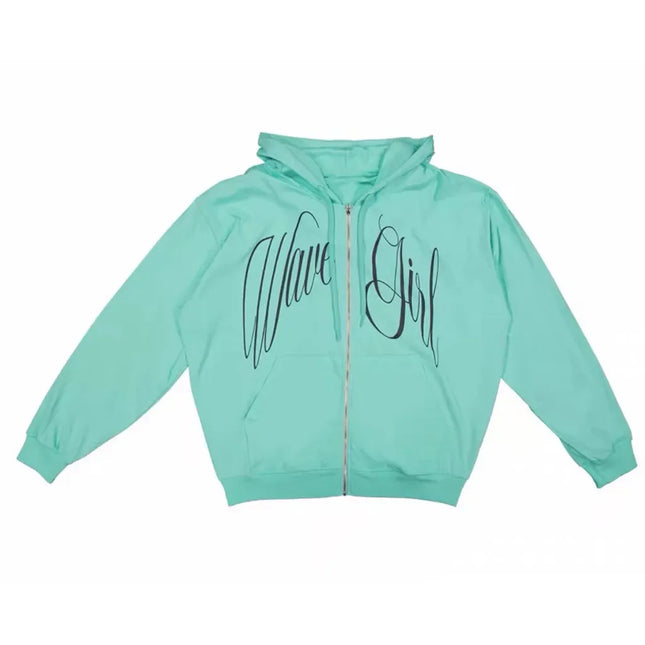 Y2K Mint Green Zip Up Hoodie Women Cursive Script Print Oversized Casual Sweat Jacket Fashion Harajuku Sweet Cool emo Sweatshirt