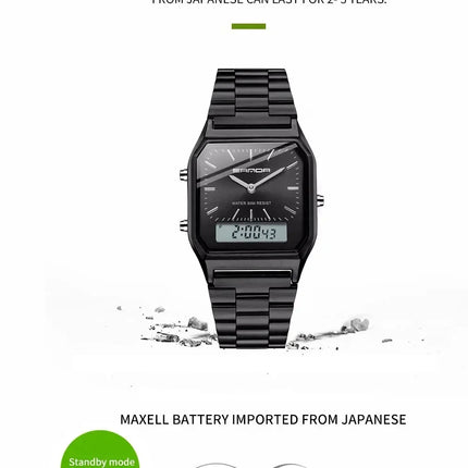 SANDA P747  Dual Display Clock Unisex Waterproof Sports Quartz Watch Luxury Mens Style Watches Stainless Steel Women LED Digital
