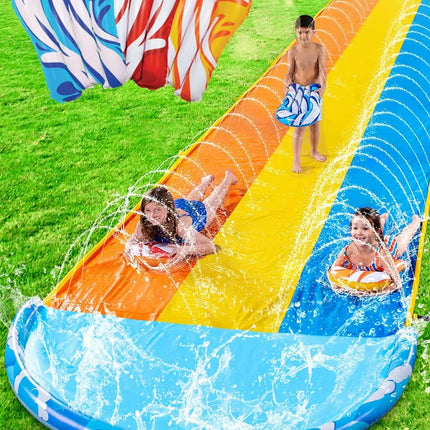 Joyfy 22.5ft Triple Water Slide Heavy Duty Lawn Water Slip and Slides with 3 Body Boards for Kids Adults Backyard Summer Party