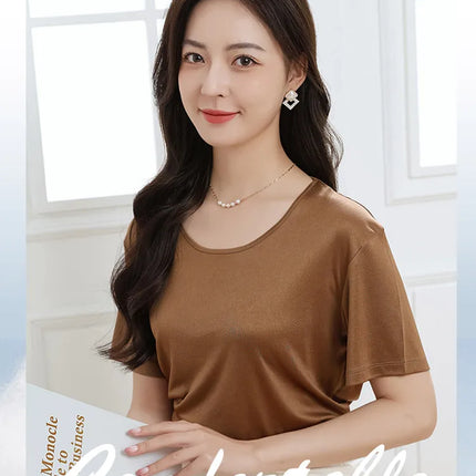 Summer High-End Women's Short Sleeve T-Shirt Acetate Fabric Knitted European Style Thin Hot Selling Top for Ladies