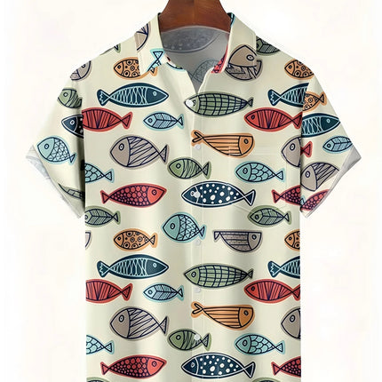 Fish pattern print, men's fashionable short sleeved shirt, loose top, outdoor street, casual and comfortable