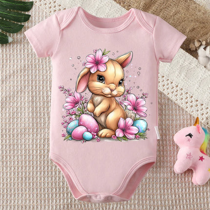 Pure Cotton Bodysuit Retro Happy Easter Bunny Flowers Onesie Comfortable Cloths for Baby Jumpsuit for 0 To 12 Months Newborn
