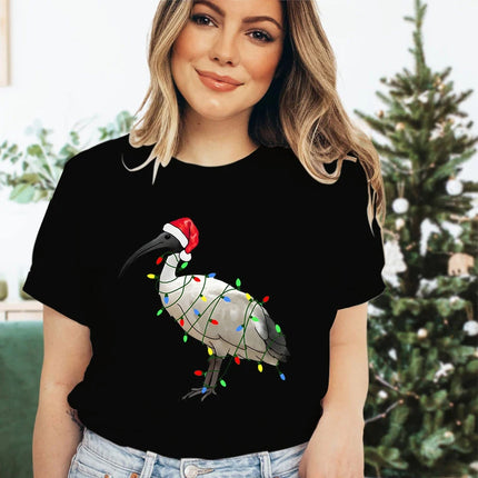 Womens Christmas T-shirt Festive Bin Chicken Graphic Print Tees Trendy Christmas Chicken Printed Women Fashion Casual T-shirts