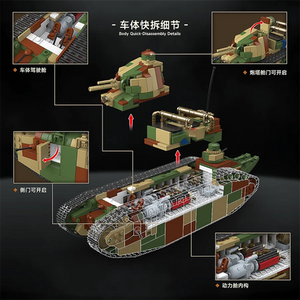 Military World War CHAR 2C Heavy Tank MOC Building Blocks Armored Vehicle Sets With Soldier FiguresToys Brick Holiday Gifts