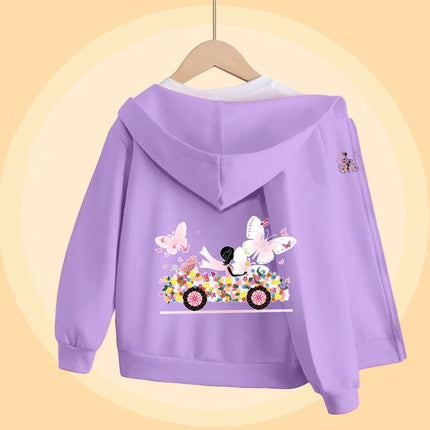 Butterfly Bike Cartoon Sweatshirt for Girls Autumn Long Sleeve Coats Girl Cotton Hoodie with Zipper 5-14T