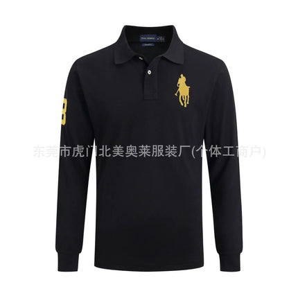 Long Sleeve Pure Cotton Polo Shirt Men's Embroidered Polo Neck T-Shirt Casual Spring Autumn British Style Loose Fit Solid Color