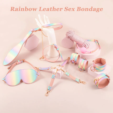 SM Bondage Luxury Set For Women Sex Toys Rainbow Leather Handcuffs/Blindfold/Collar/Gag Sex Bondage Fetish for Couples BDSM Toy