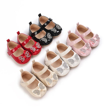 Casual Cute Rhinestone Bowknot Decor Mary Jane Shoes For Baby Girls, Lightweight Non-slip Walking Shoes For Spring And Autumn