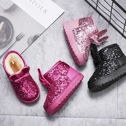 Girls Snow Boots Bunny Ear Bowtie Sequins Cute Winter Warm Ankle Boots Princess Toddler Non-slip Fashion Kids Boot Glitter Bling