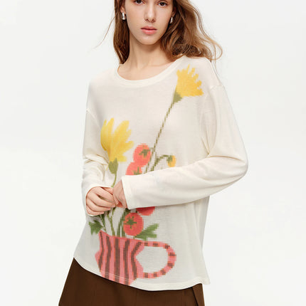 DUSHU Women Floral Art Retro Print Knit T-Shirt 2026 Spring New Arrival Floral Design Loose Casual Slim-Fitting Top Long Sleeve