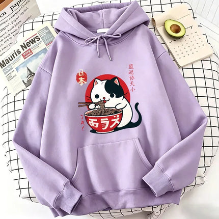 Japanese Style Cat Eat Ramen Hoodie Manga Cat Children's Sweatshirt Cute Hoody Casual Hoodies Spring Unisex Clothes