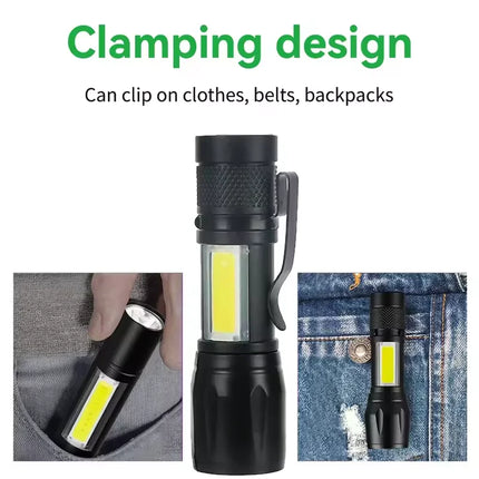 Mini Portable COB+XPE Flashlight, USB Rechargeable Zoomable Focus Tactical Torch with Pen Clip for Camping Outdoor