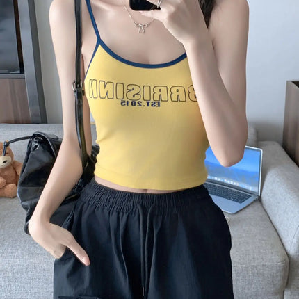 Summer Outdoor Svel Design Sensation Spicy Girl Top American Retro Color Collision Letter Print Strap Vest Women