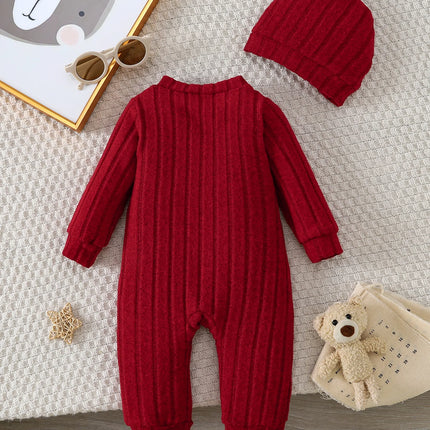【Baby Boy】Autumn & Winter Red Onesie with Front Single-Breasted Buttons and Cute Bear Badge on Chest + Red Hat SetFeaturing a wa