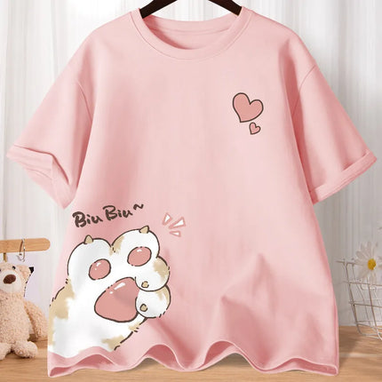 Summer Cartoon Cute Sweet Cat Claw Love Printed Short Sleeve T-shirt Women's Loose Youth Student Half Sleeve Oversized Shirt Top