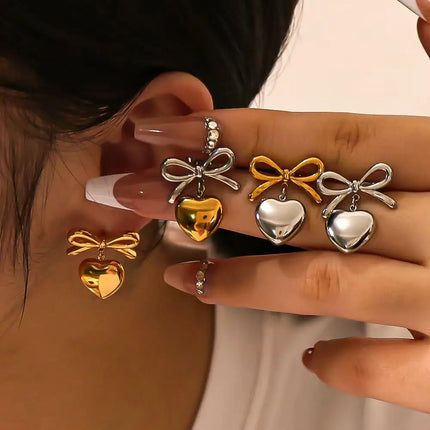 Fashionable elegant waterproof stainless steel bow heart-shaped pendant women's earrings jewelry party wedding 2025 new item