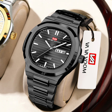 VA VA VOOM Square Luxury Men Wristwatch Waterproof Luminous Date Stainless Steel Male Clock Business Sports Quartz Watch for Men