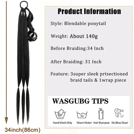 Benehair 34inch Long Braid Ponytail Extension with Elastic Tie Straight Wrap Around Braid Hair Synthetic Drawstring Ponytail