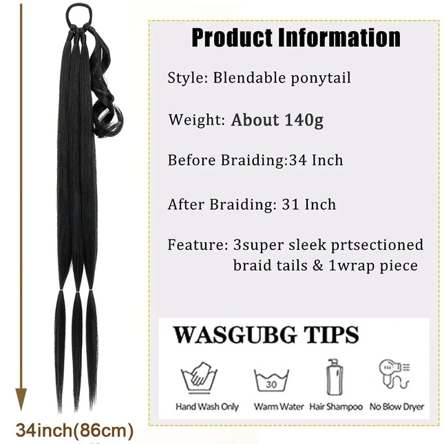 Benehair 34-inch Long Braid Ponytail Extension with Elastic Tie Straight Wrap-Around Braid Hair Synthetic Drawstring Ponytail