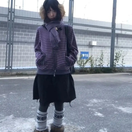 Y2K Vintage Zipper Hoodie Women Long Sleeve Subculture Purple Stripe Priint Harajuku Style Autumn Spting Casual Tops Streetwear