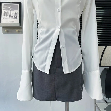 White Shirt Women Tops Korean Long Sleeve Blouses Lace Up Button Up Shirt Office Lady Black Fashion Slim Turn-Down Collar Blouse