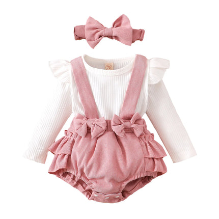 ma&baby 0-18M Baby Girls Romper Toddler Newborn Infant Fall Spring Jumpsuit Knit Long Sleeve Romper Bow Headband Outfits