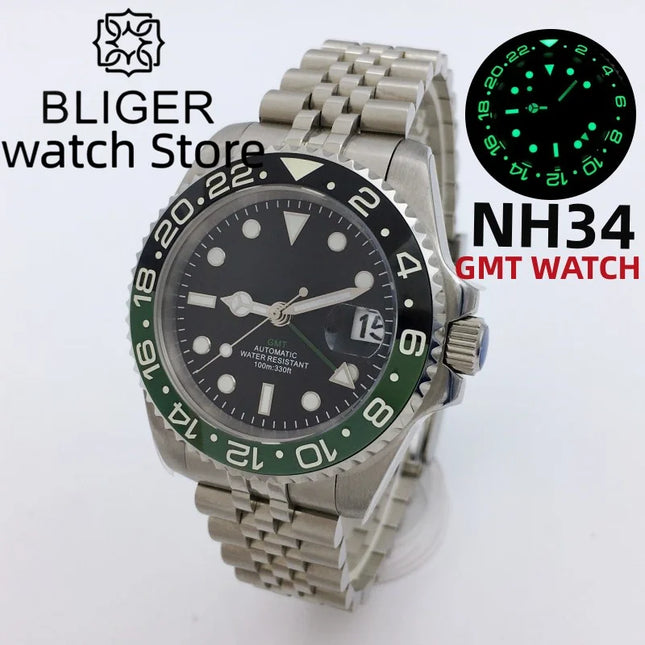 BLIGER 40mm NH34 GMT Watch For Men Mechanical Wristwatch Luminous Bezel Sapphire Glass Stainless Steel Bracelet Reloj Hombre