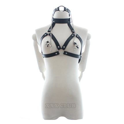 Thierry PU Leather Bondage Restraints O Ring Gag with Nipple Clamps,open bra with Collar Fetish Adult Games Sex Toys for Couples